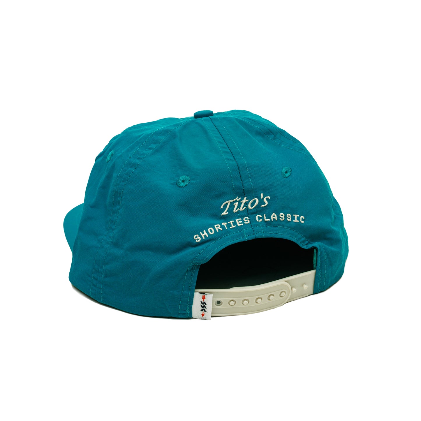Back of Teal cap with 'Tito's Shorties Classic' text and with a snapback