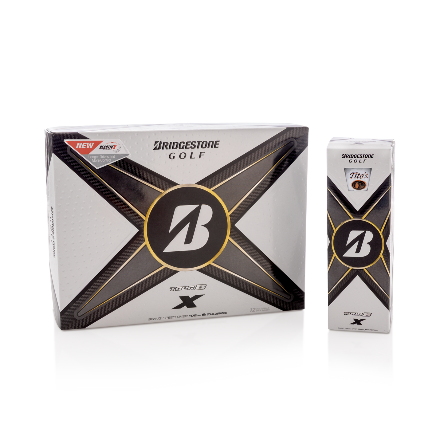 A 12 pack box of Bridgestone Golf Tour B X golf balls and a single sleeve of balls