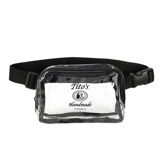 Clear fanny pack with Tito's Handmade Vodka logo on front, with black belt and zipper