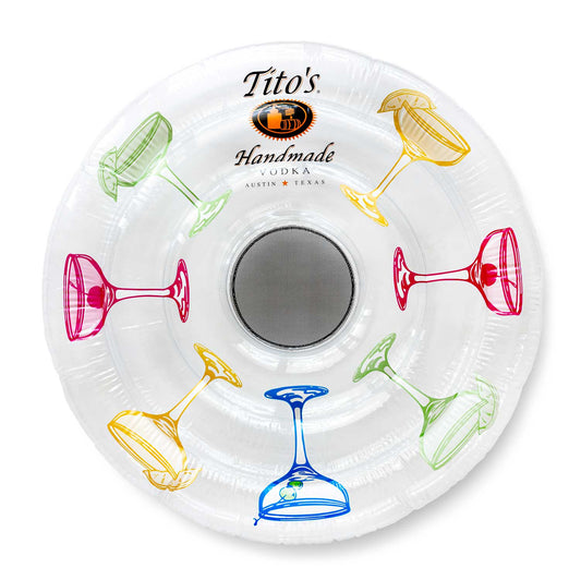 Clear blow-up float with multicolored martini glasses with garnishes and the Tito's Handmade Vodka logo and mesh in the center.