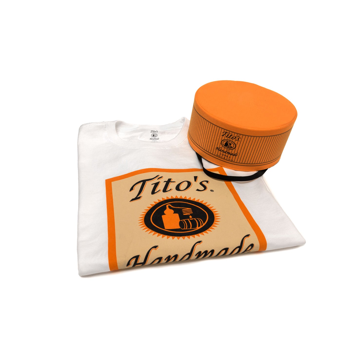 Tito's Handmade Vodka bottle cap and a white t-shirt with Tito's Handmade Vodka bottle label