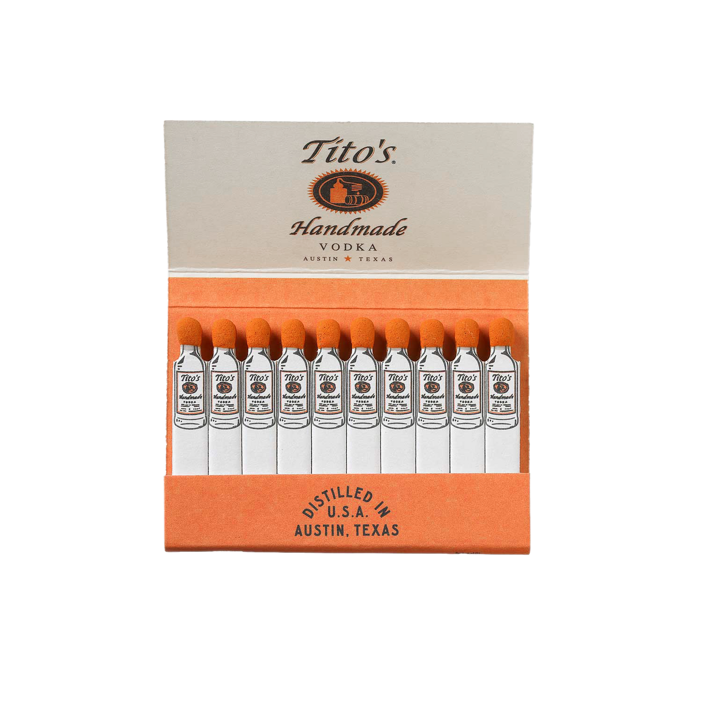 Picture of an opened matchbook with the Tito's Handmade Vodka logo. The matches are white with the Tito's bottle printed on each one and the strike is orange.