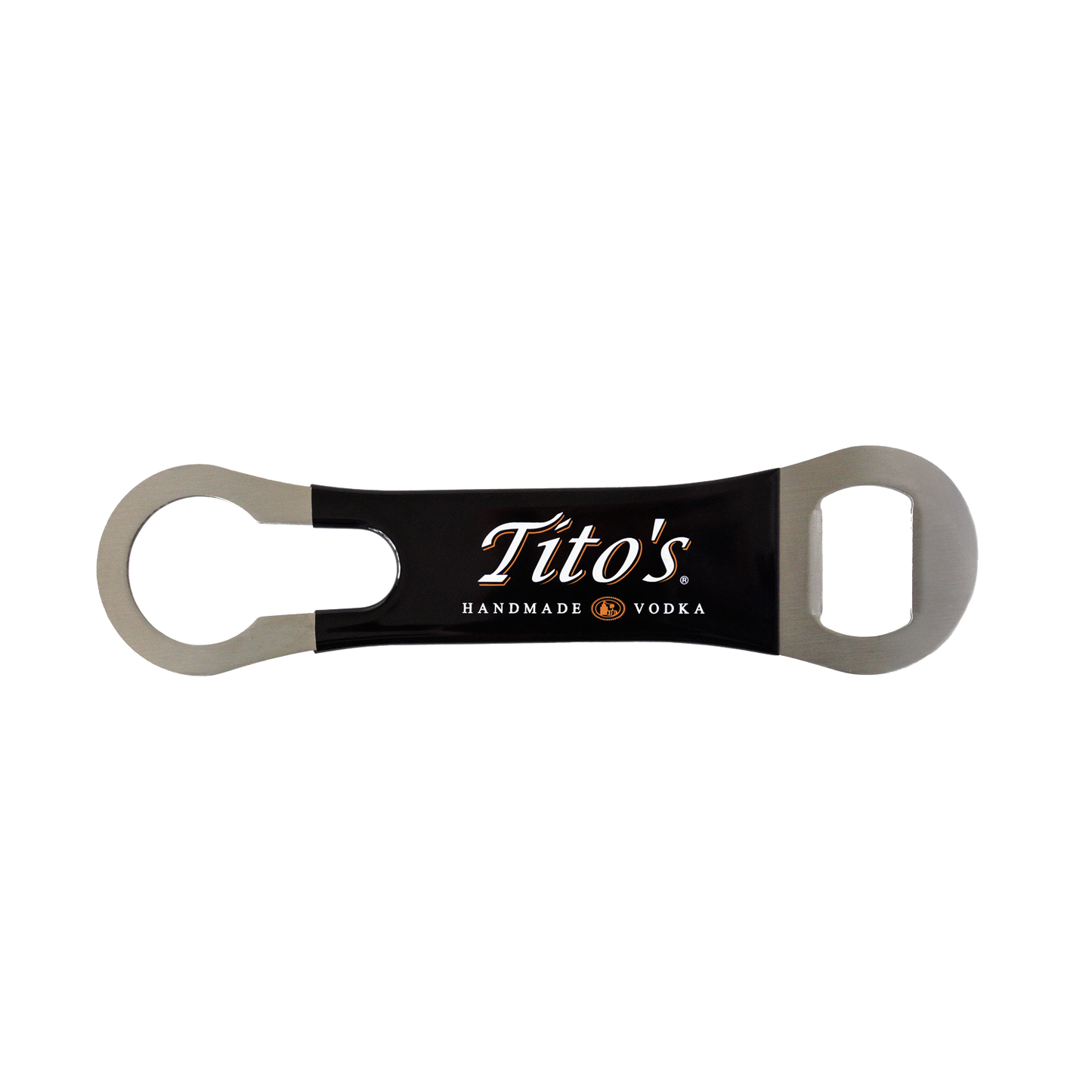 Metal bar key bottle opener with black vinyl and Tito's Handmade Vodka logo
