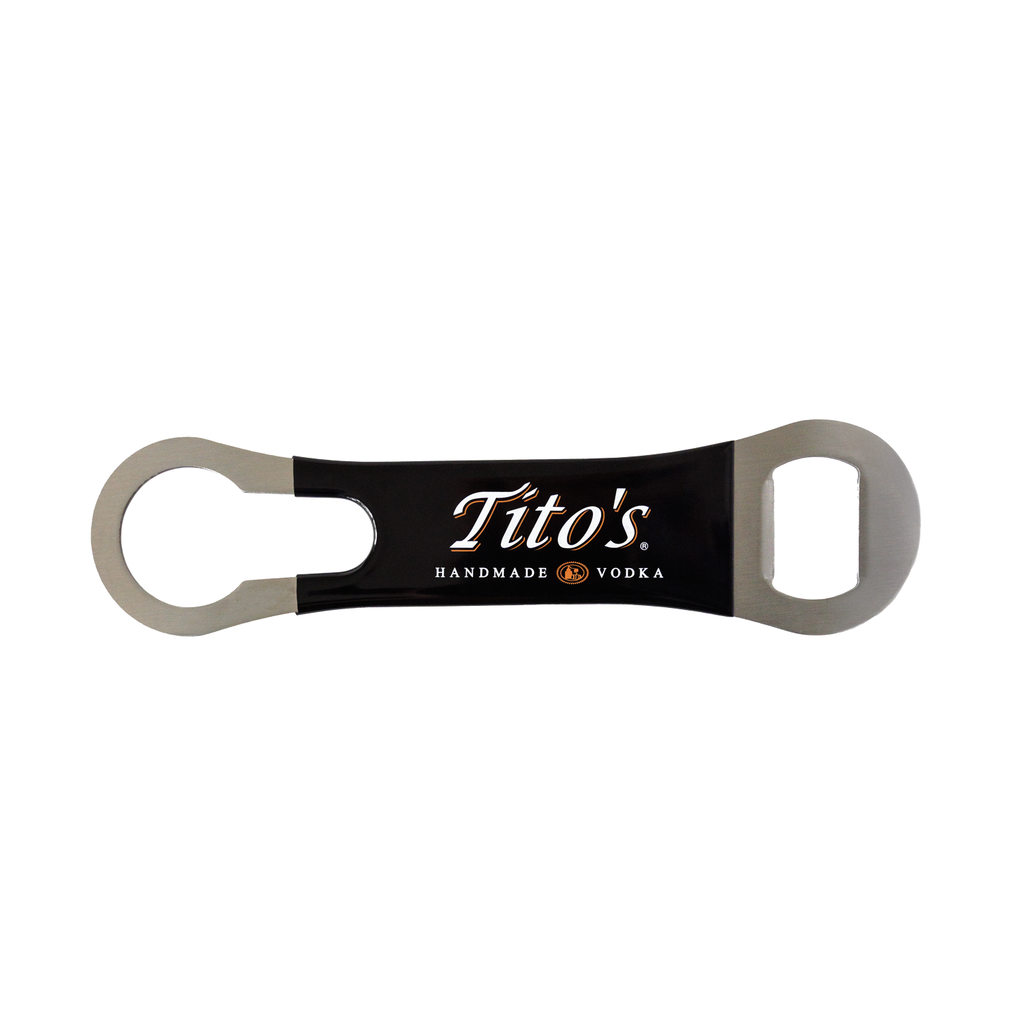 Metal bar key bottle opener with black vinyl and Tito's Handmade Vodka logo