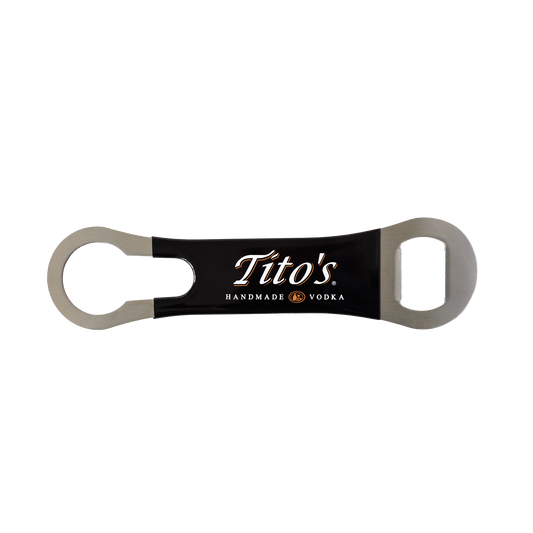 Metal bar key bottle opener with black vinyl and Tito's Handmade Vodka logo