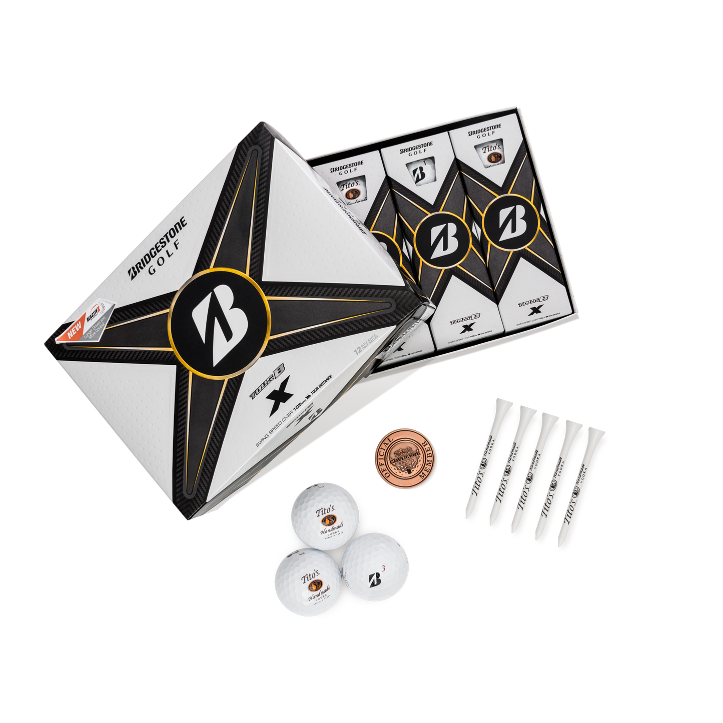 Box of Bridgestone golf balls with 3 golf balls. 5 white golf tees, and a Copper ball marker the says "Tito's Golf Club Official Member"