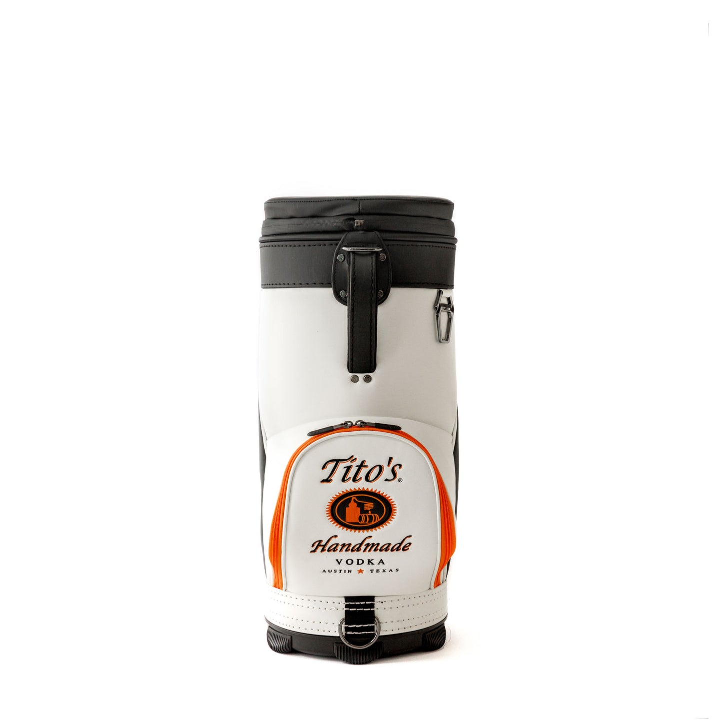 Back view of orange, black, and white VESSEL Cool Caddy with Tito's Handmade Vodka logo