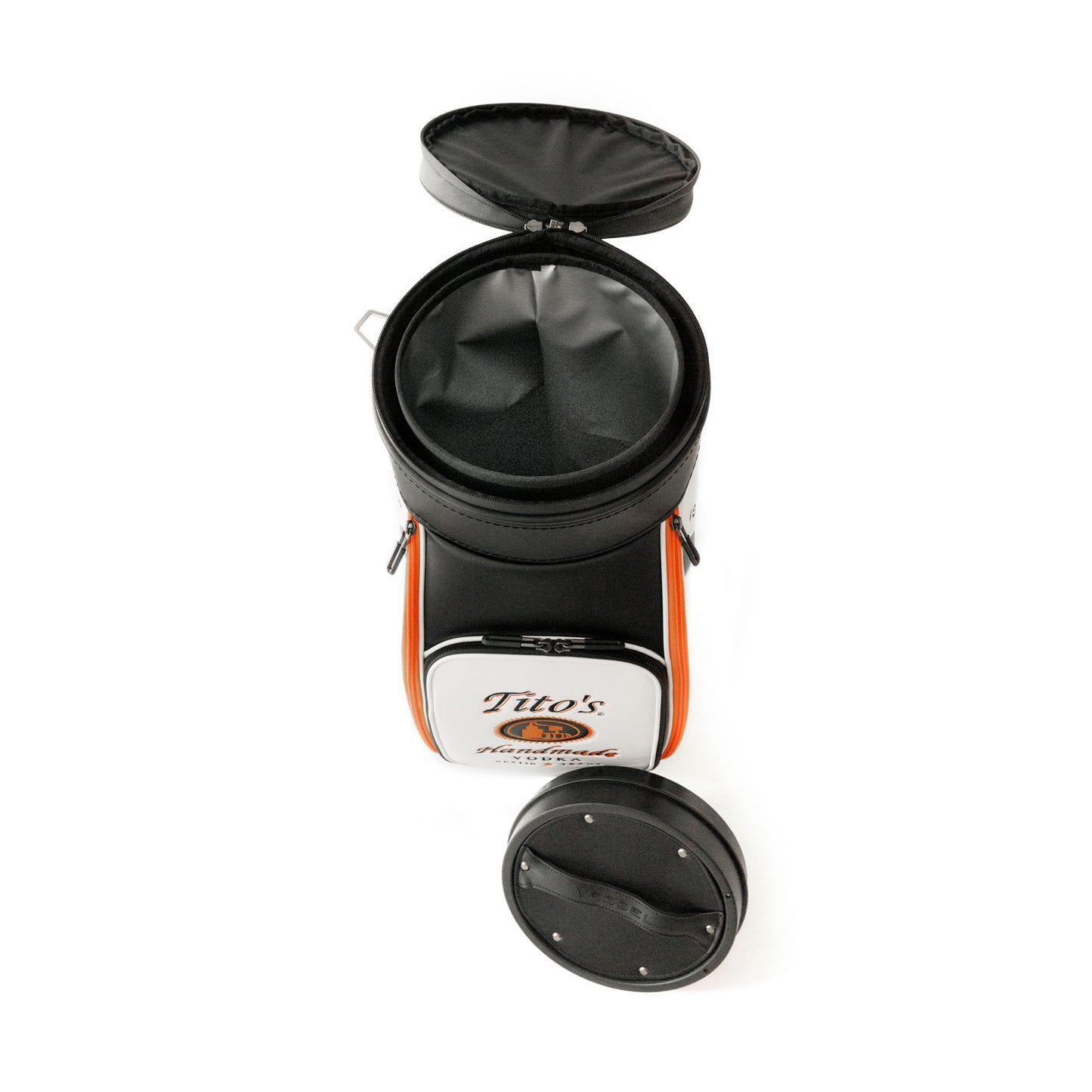 Top view of orange, black, and white VESSEL Cool Caddy with Tito's Handmade Vodka logo