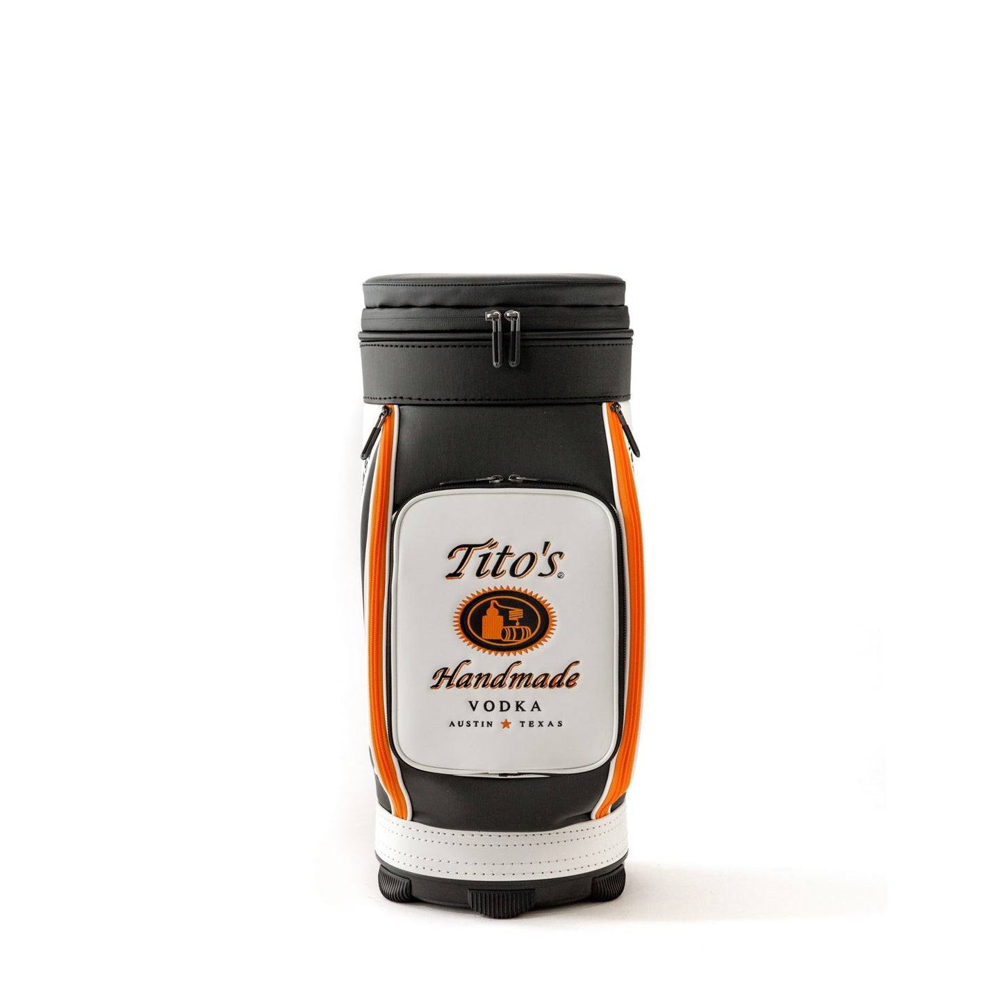 Front view of orange, black, and white VESSEL Cool Caddy with Tito's Handmade Vodka logo