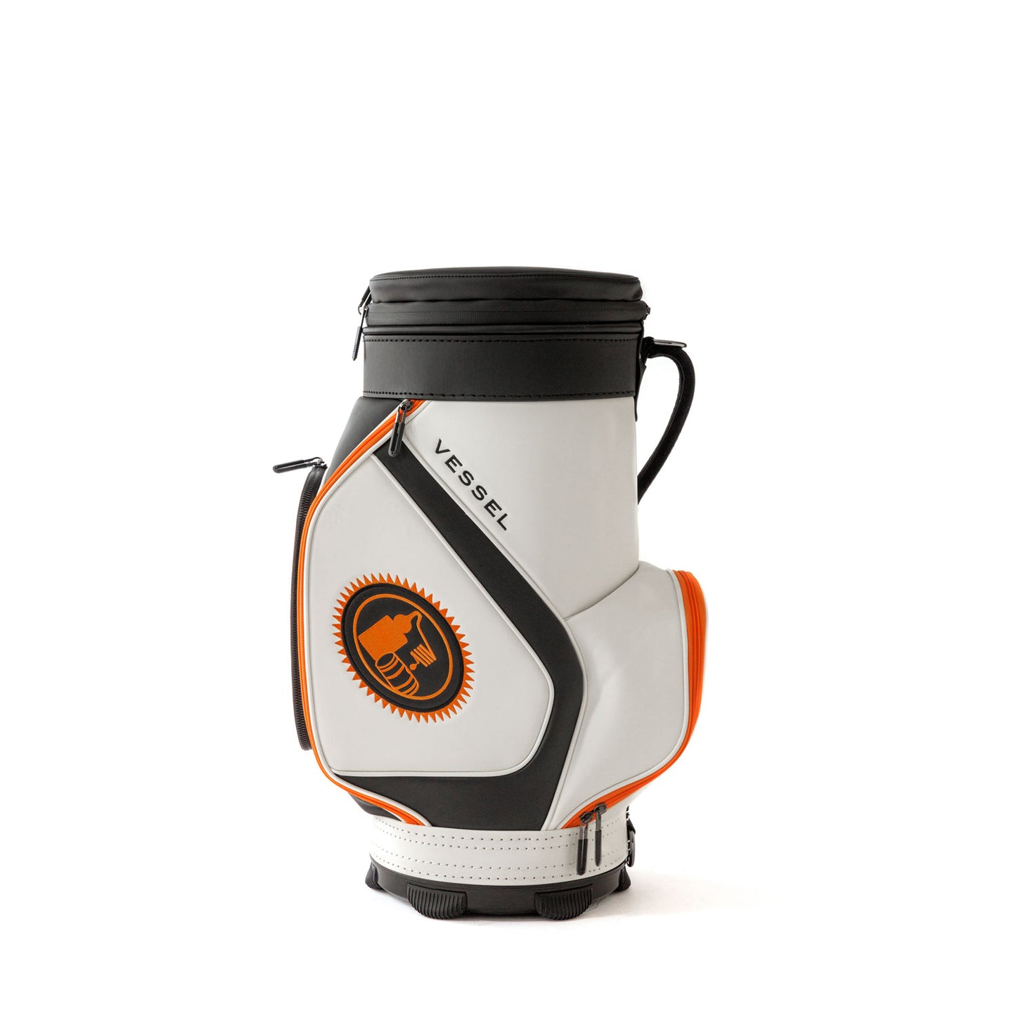 Side view of orange, black, and white VESSEL Cool Caddy with pot still design and VESSEL wordmark