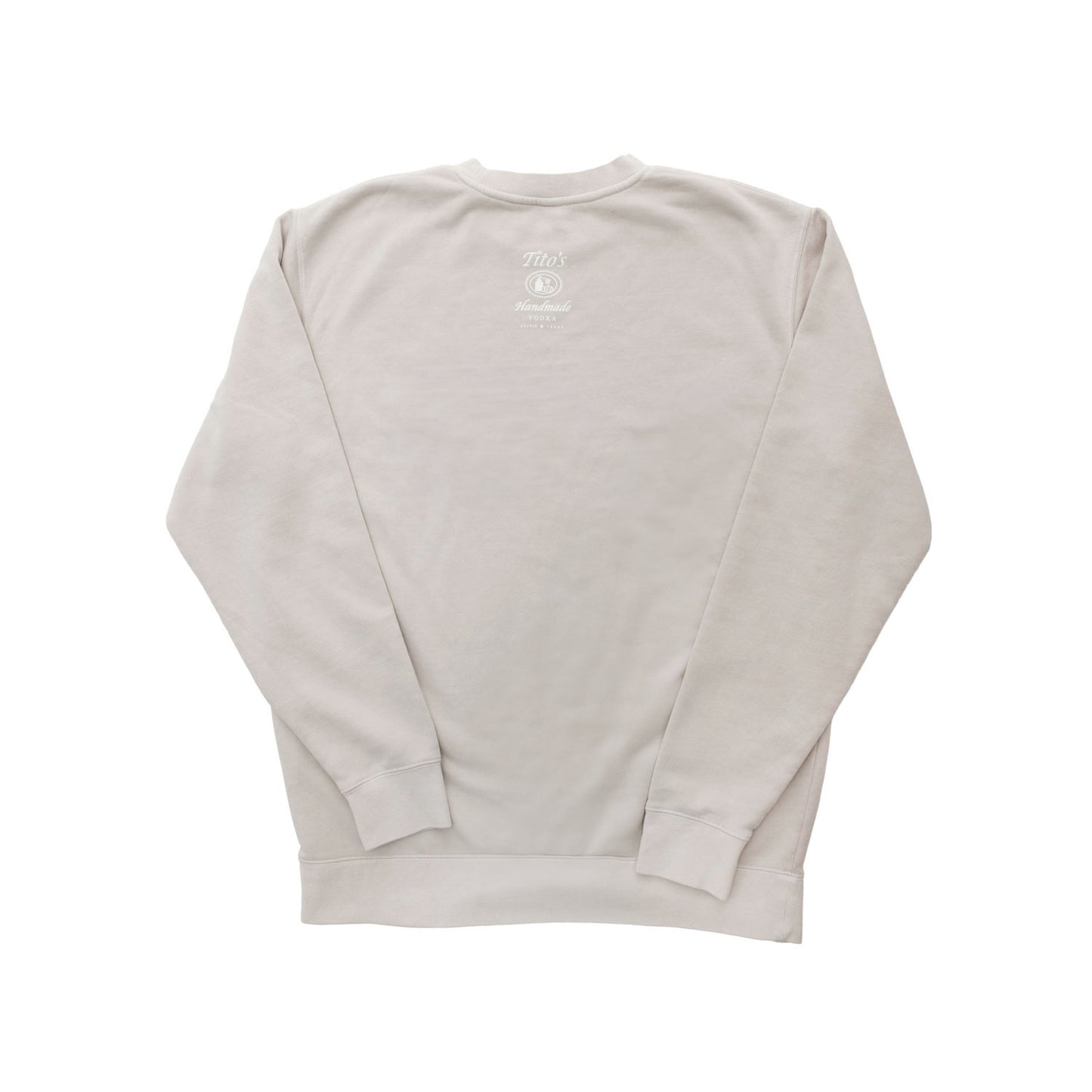 Back of natural color crewneck sweatshirt with Tito's Handmade Vodka logo