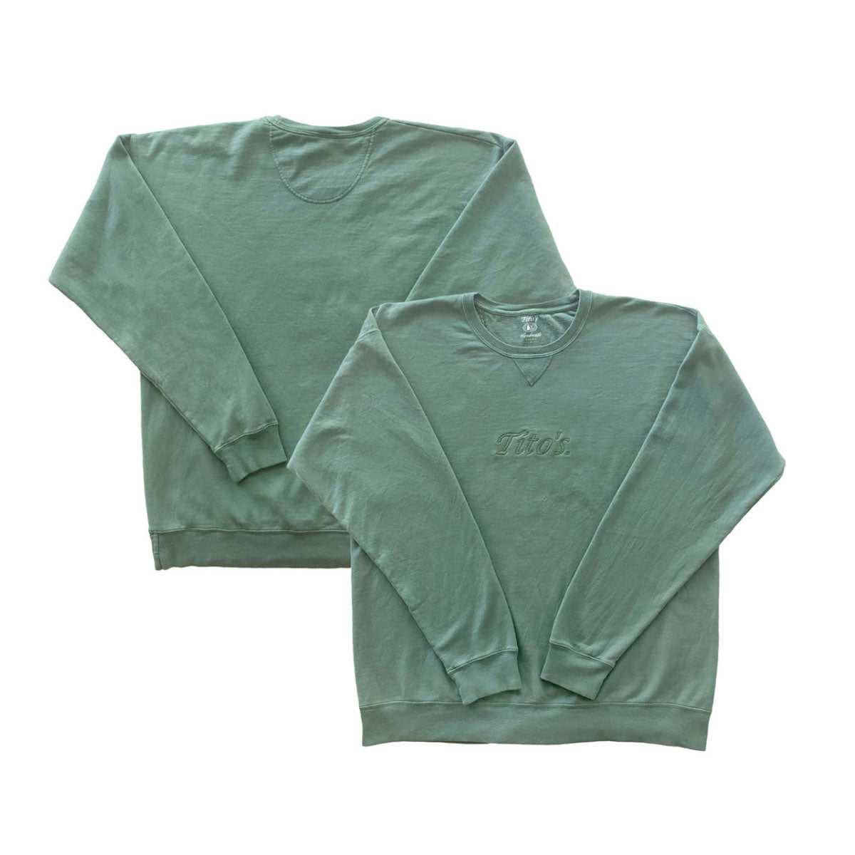 Front and back view of dusty evergreen colored long sleeve crewneck pullover with Tito's embroidered wordmark on front