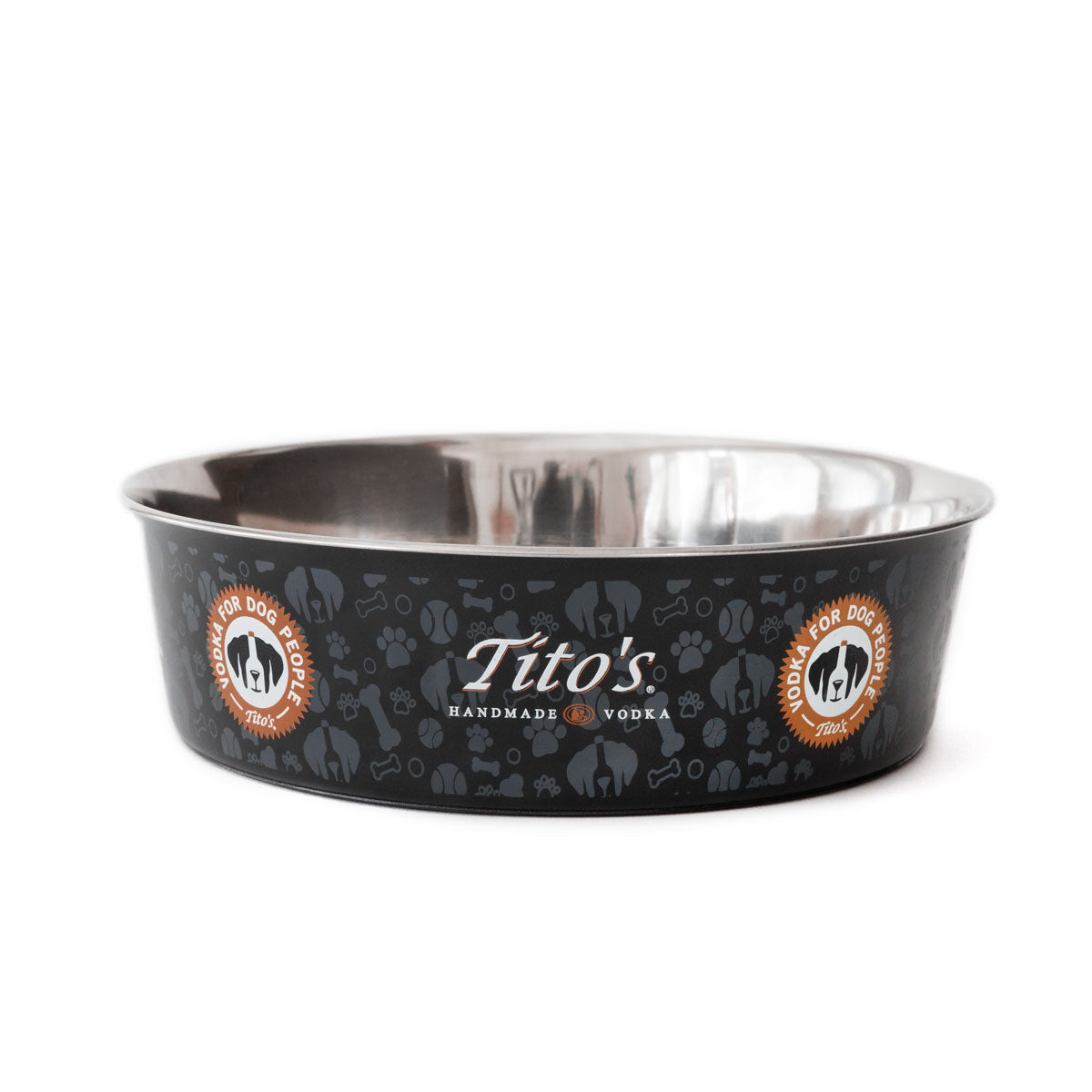 Tito's Dog Bowl with Vodka for Dog People logo, Tito's Handmade Vodka logo, and dog illustrations