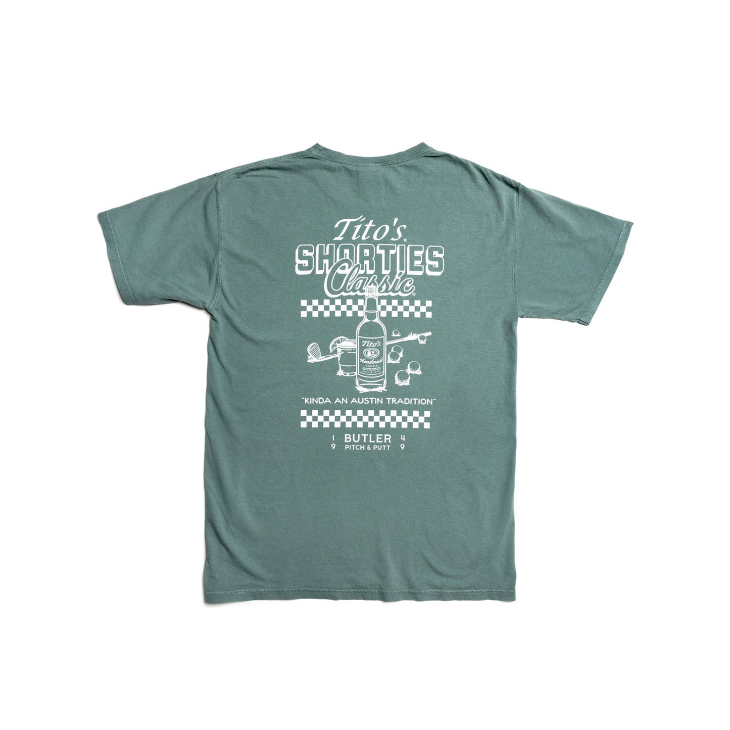 Back of sage green t-shirt with Tito's Shorties Classic wordmark, Tito's Handmade Vodka bottle, golf and cocktail illustrations, and Butler Pitch & Putt text