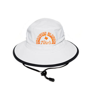 White bucket hat with orange Tito's Shorties Classic wordmark and adjustable chin strap