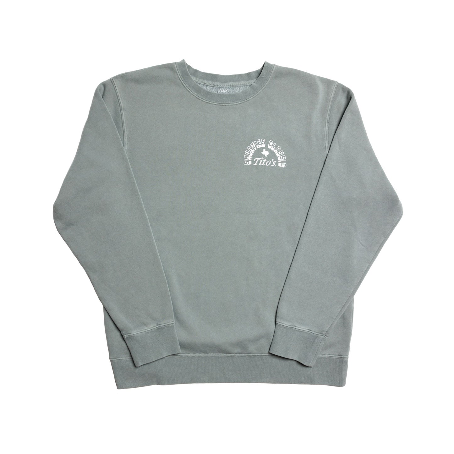 Front of sage green crewneck sweatshirt with Tito's Shorties Classic wordmark