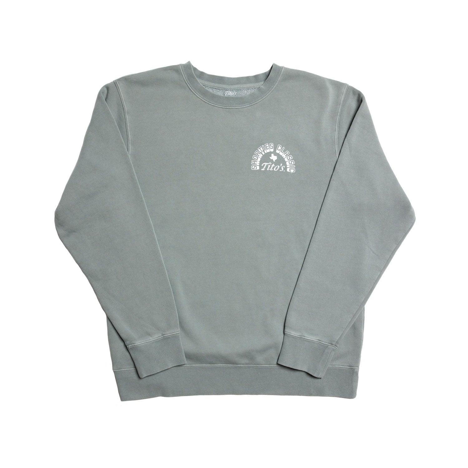 Front of sage green crewneck sweatshirt with Tito's Shorties Classic wordmark