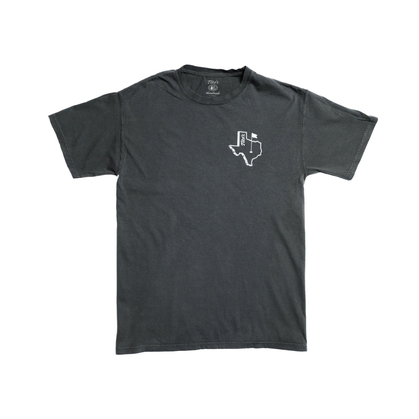 Front of charcoal gray t-shirt with Texas and Tito's design