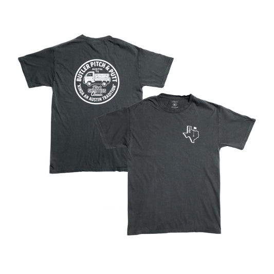 Charcoal gray t-shirt with Texas and Tito's design on front, Butler Pitch & Putt illustration on back