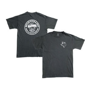 Charcoal gray t-shirt with Texas and Tito's design on front, Butler Pitch & Putt illustration on back
