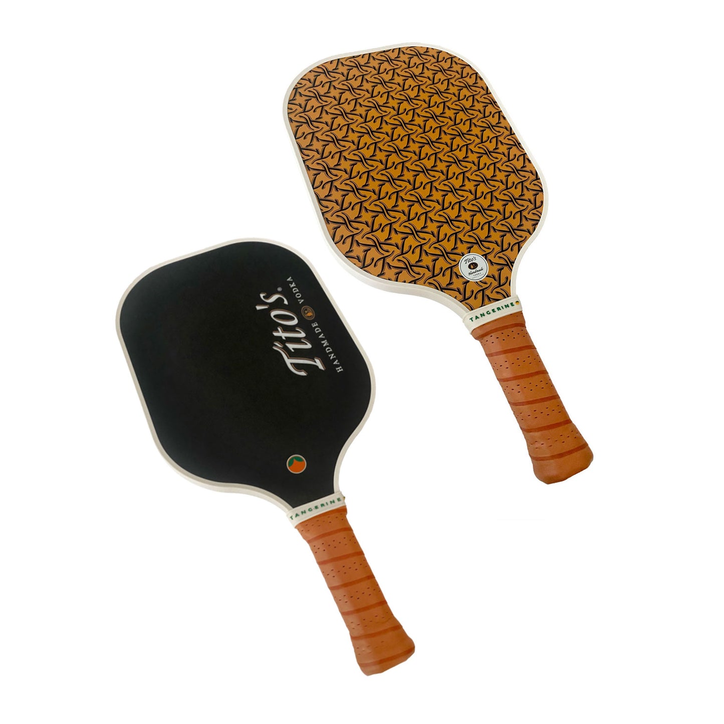 Front and back of Tito's X Tangerine Pickleball Paddles with Tito's Handmade Vodka wordmark and logo