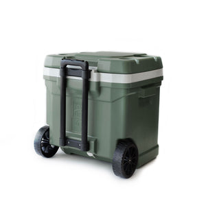 Back of green Igloo ECOCOOL 60-quart cooler with wheels and extendible handle