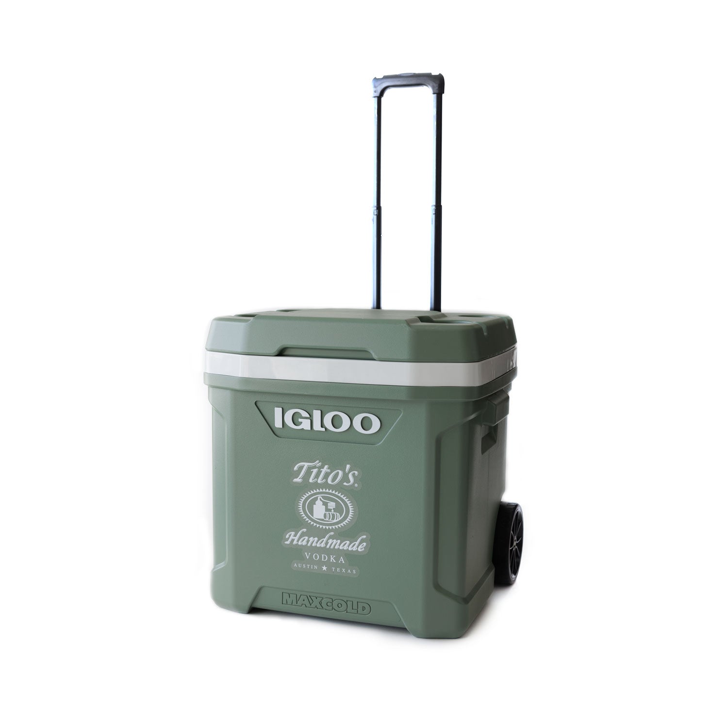 Front of green Igloo ECOCOOL 60-quart cooler with Tito's Handmade Vodka logo, wheels, and extendible handle