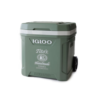 Green Igloo ECOCOOL 60-quart cooler with Tito's Handmade Vodka logo and wheels