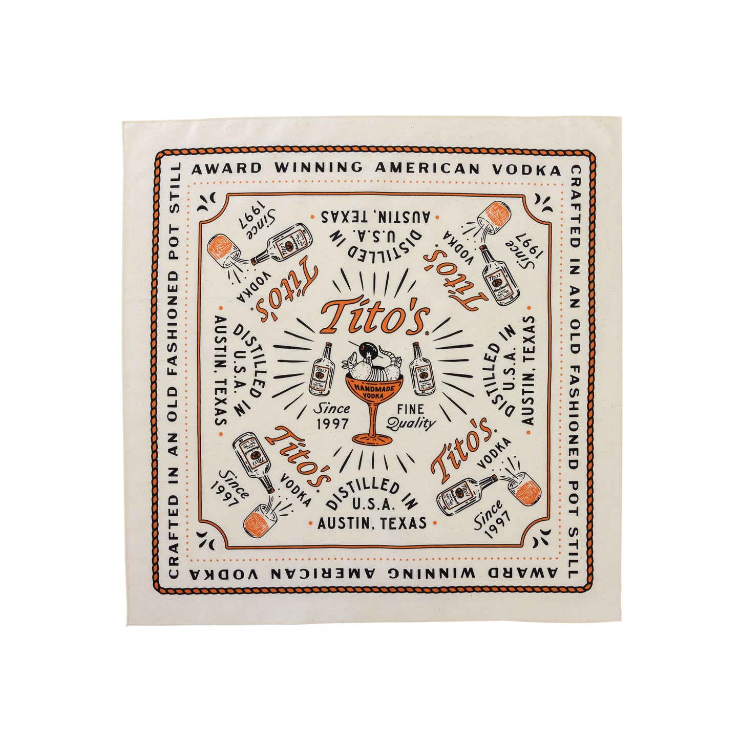 Square view of ivory cotton bandana with a rope border and "Award Winning American Vodka" border. The center is a design with the Tito's wordmark in the center and a martini glass with an armadillo holding an olive.