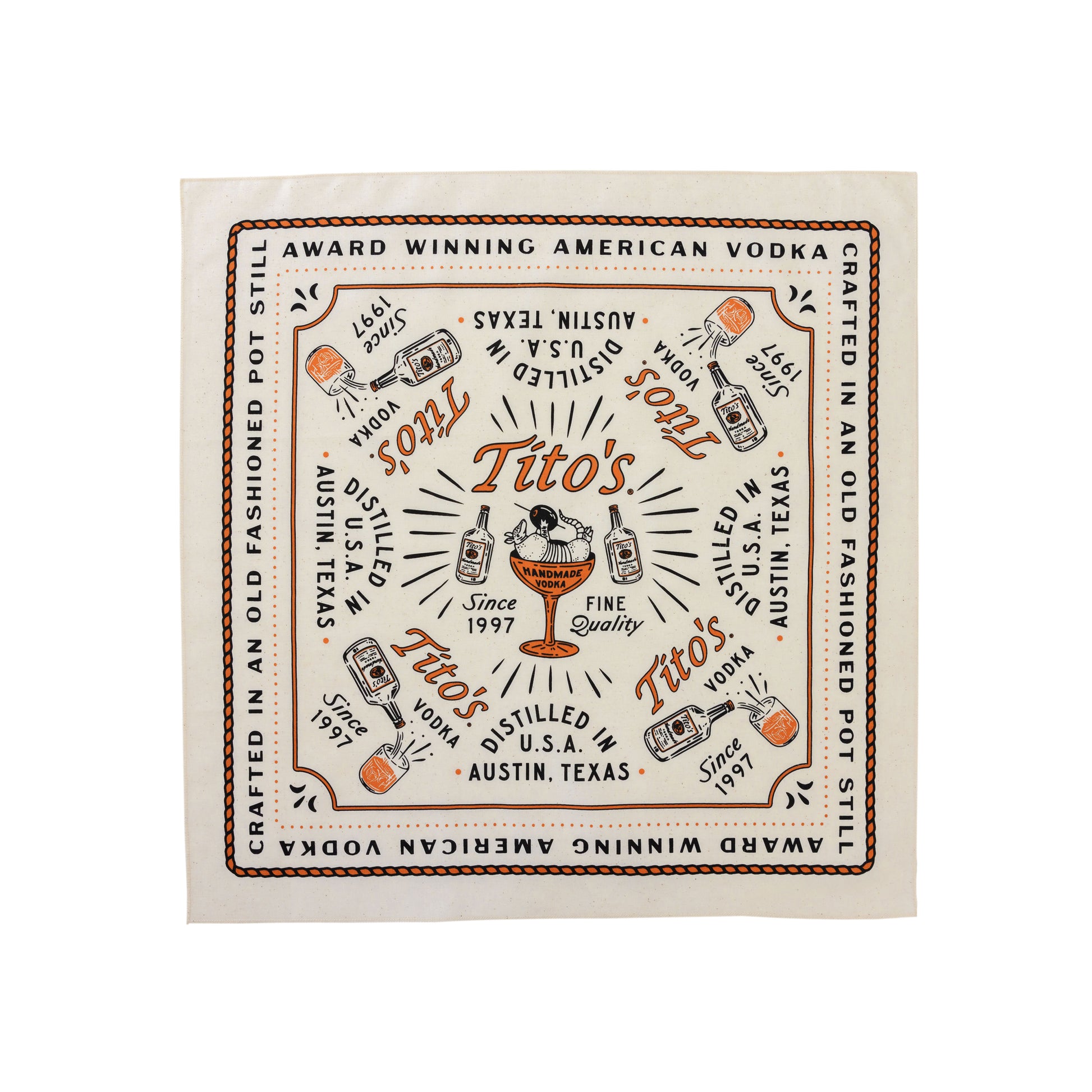 Square view of ivory cotton bandana with a rope border and "Award Winning American Vodka" border. The center is a design with the Tito's wordmark in the center and a martini glass with an armadillo holding an olive.
