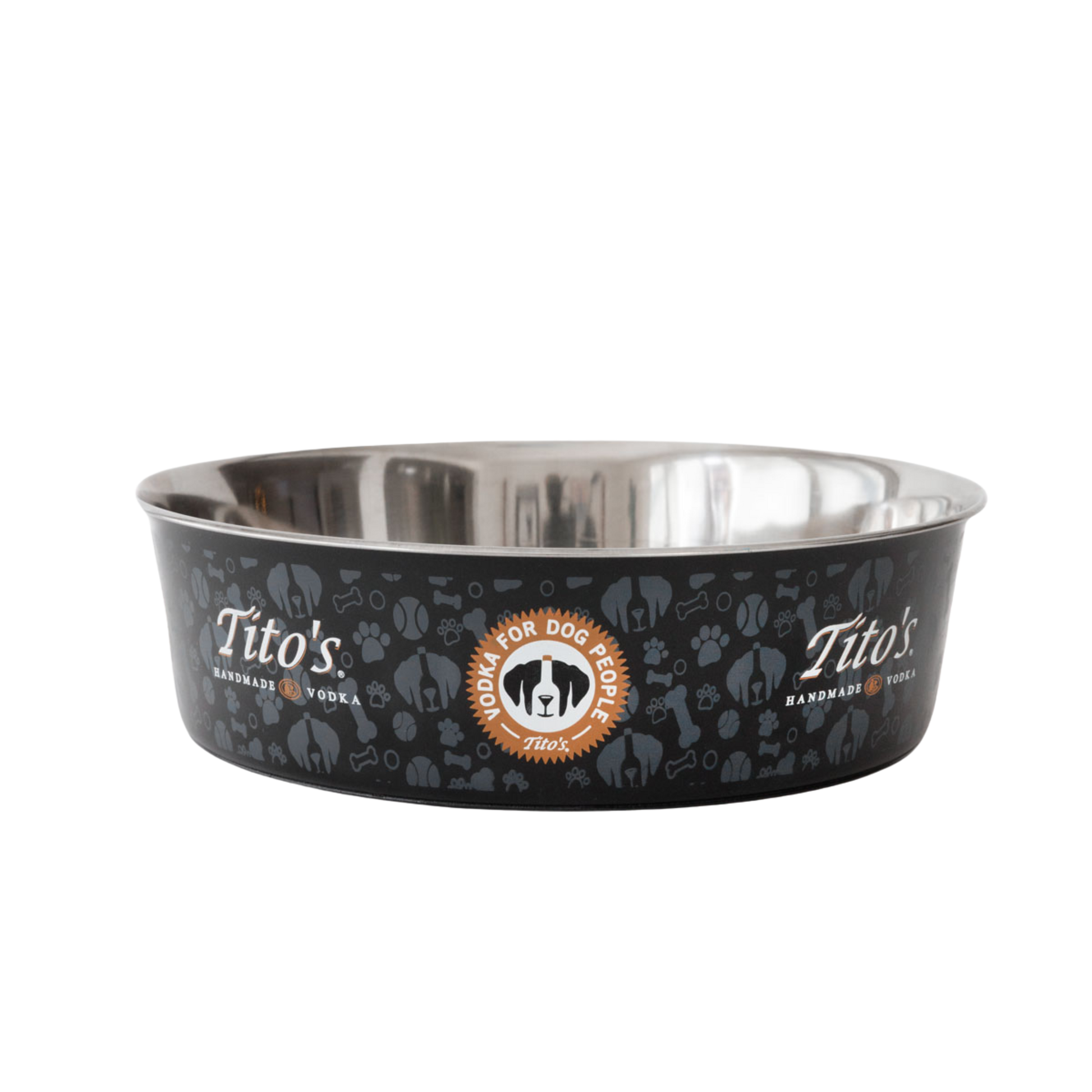 Tito's Dog Bowl with Vodka for Dog People logo, Tito's Handmade Vodka logo, and dog illustrations