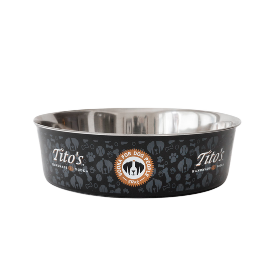 Tito's Dog Bowl with Vodka for Dog People logo, Tito's Handmade Vodka logo, and dog illustrations