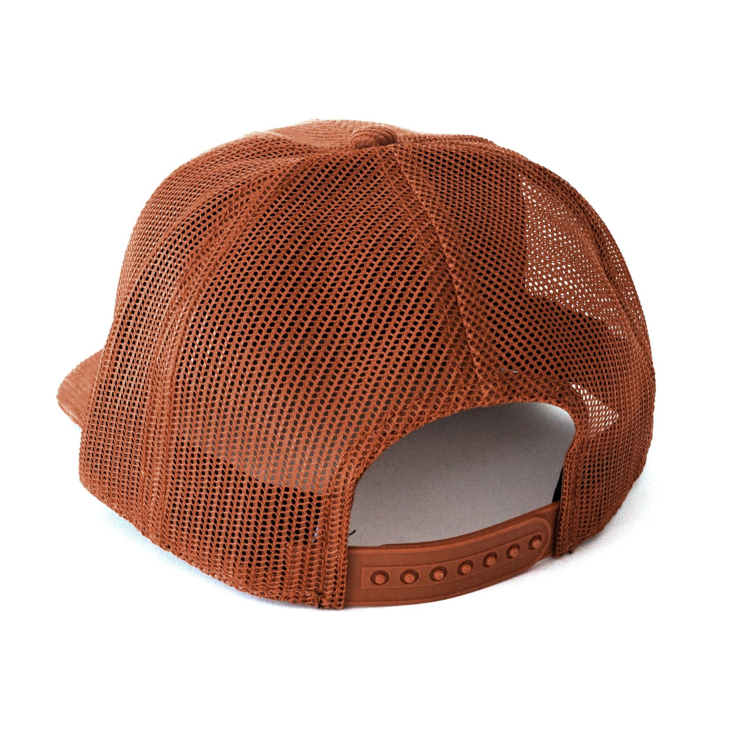 Back view of rust colored mesh trucker hat with snapback