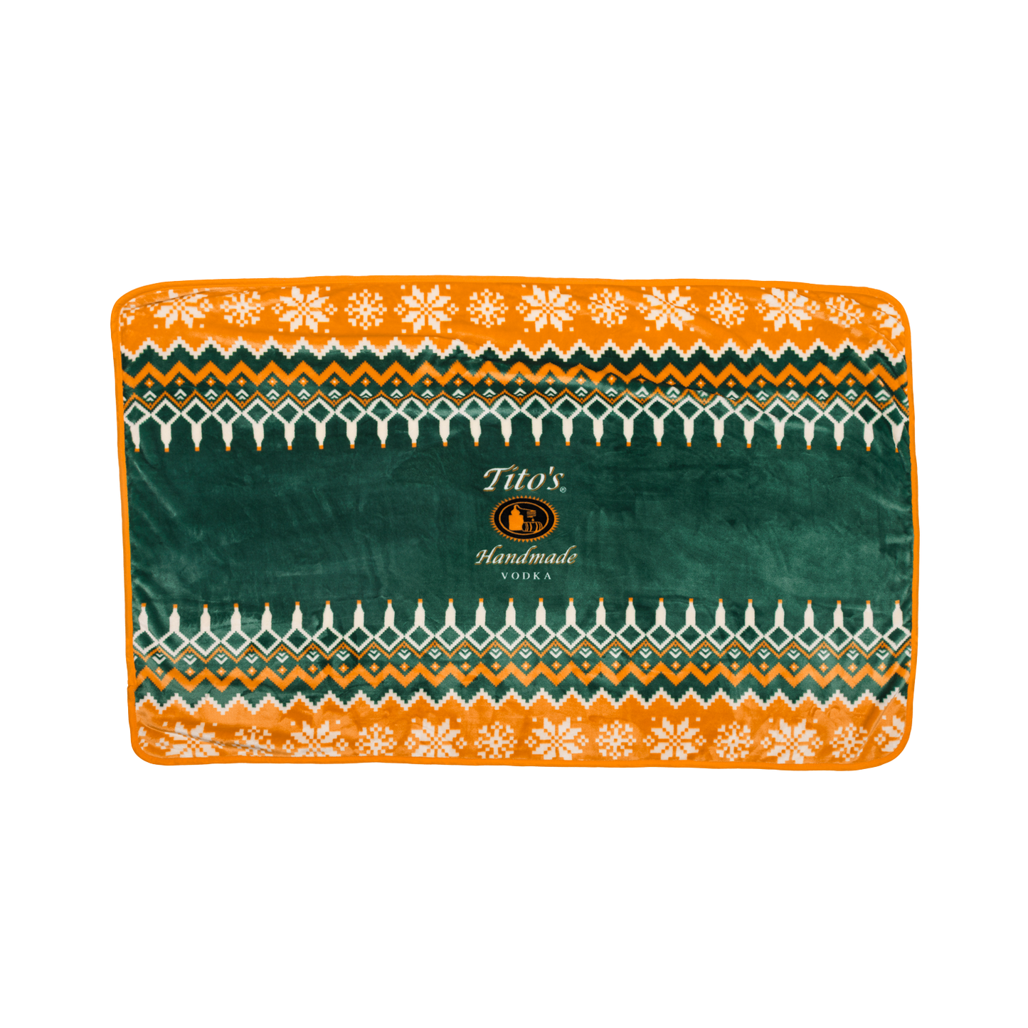 Green blanket with orange and white design with snowflakes and lights in the shape of Tito's bottles along the top and bottom with the Tito's Handmade Vodka logo in the center