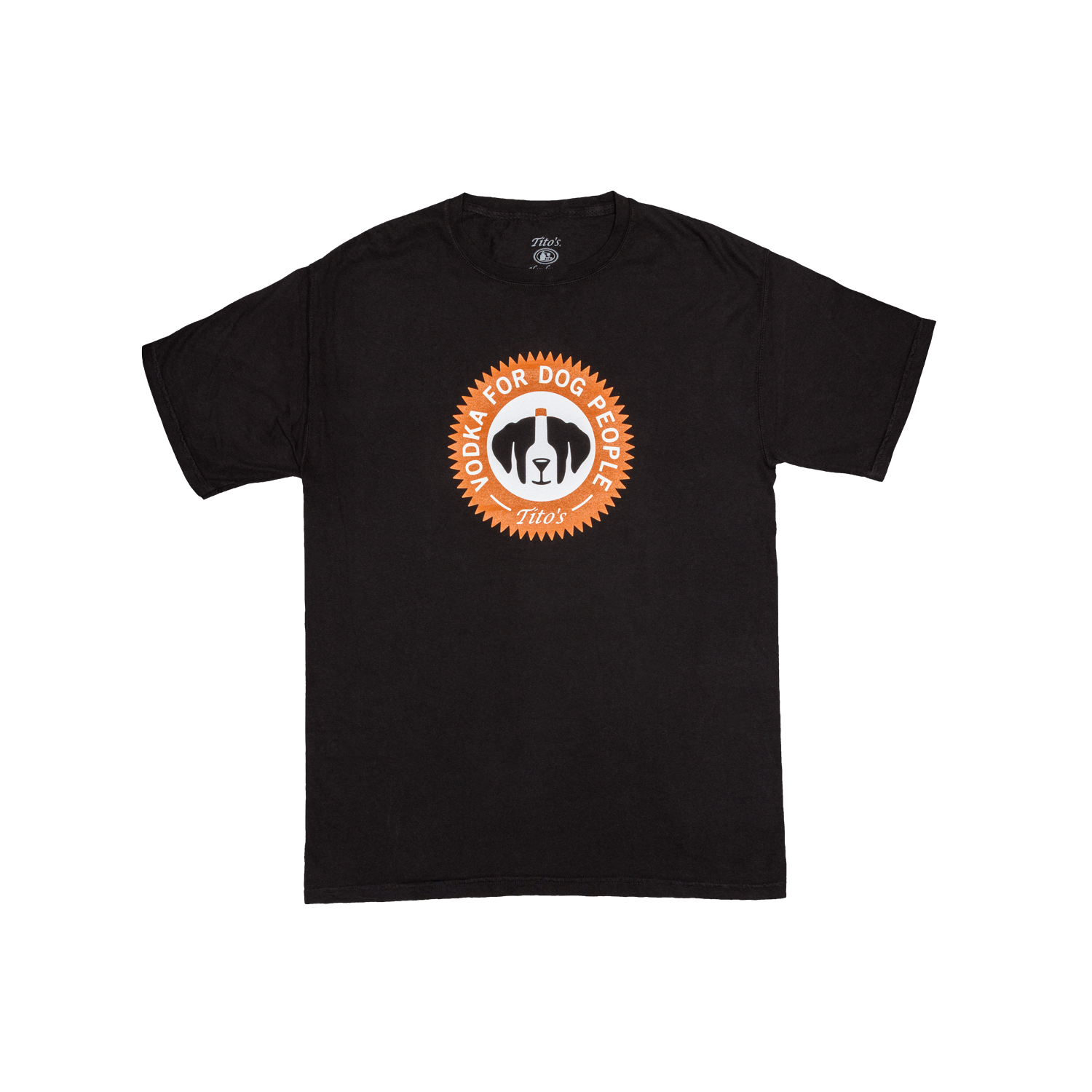 Front view of a Black t-shirt with orange and white Vodka for Dog People logo centered on the front chest