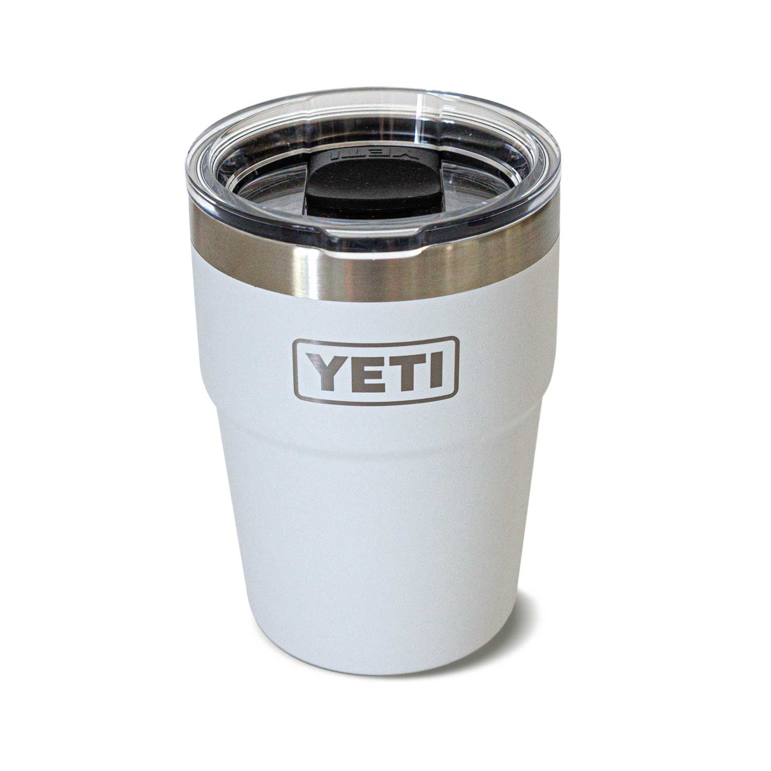 back of white YETI Rambler® stackable cup with YETI logo etched on