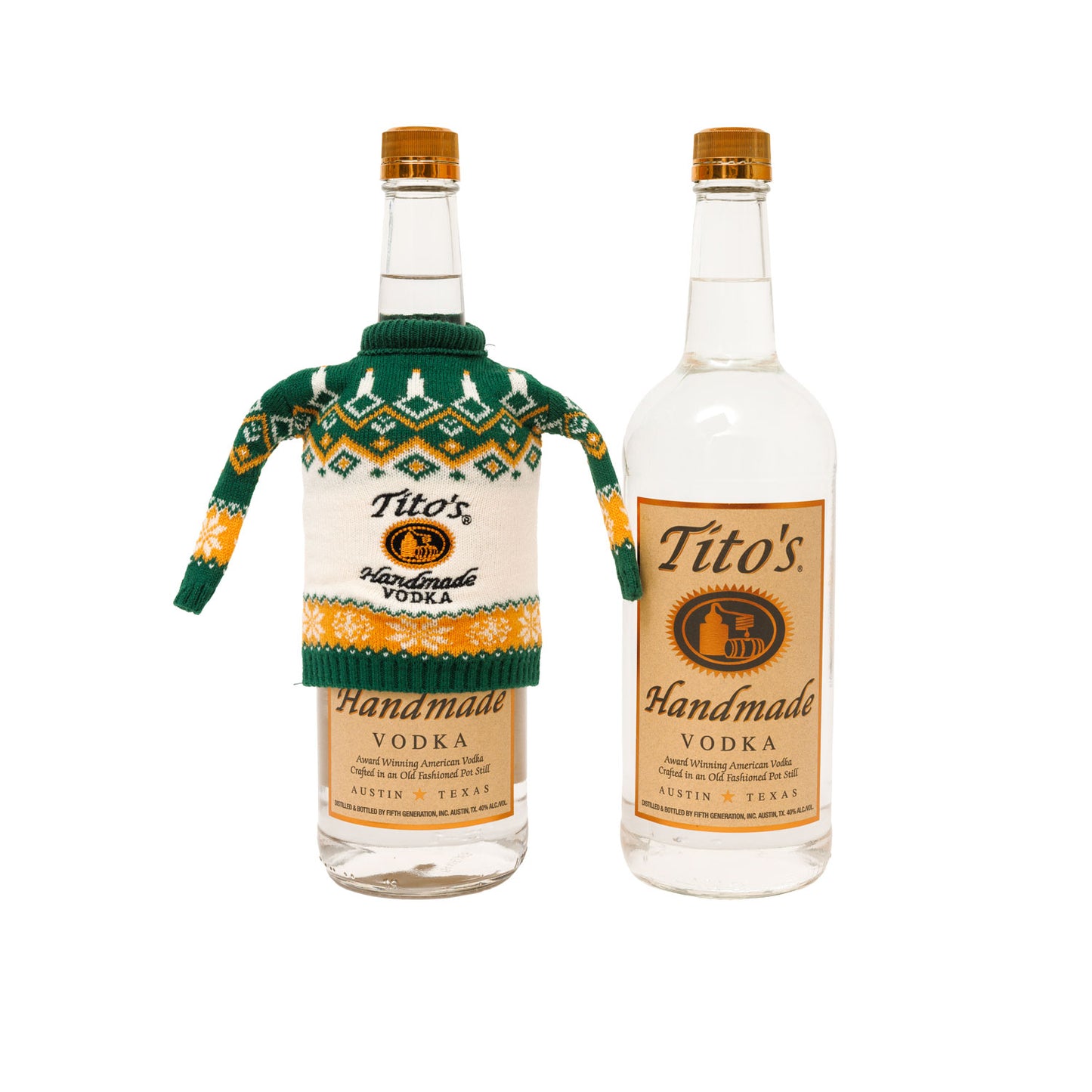Two bottles of Tito's Handmade Vodka, one with a festive sweater and one without one