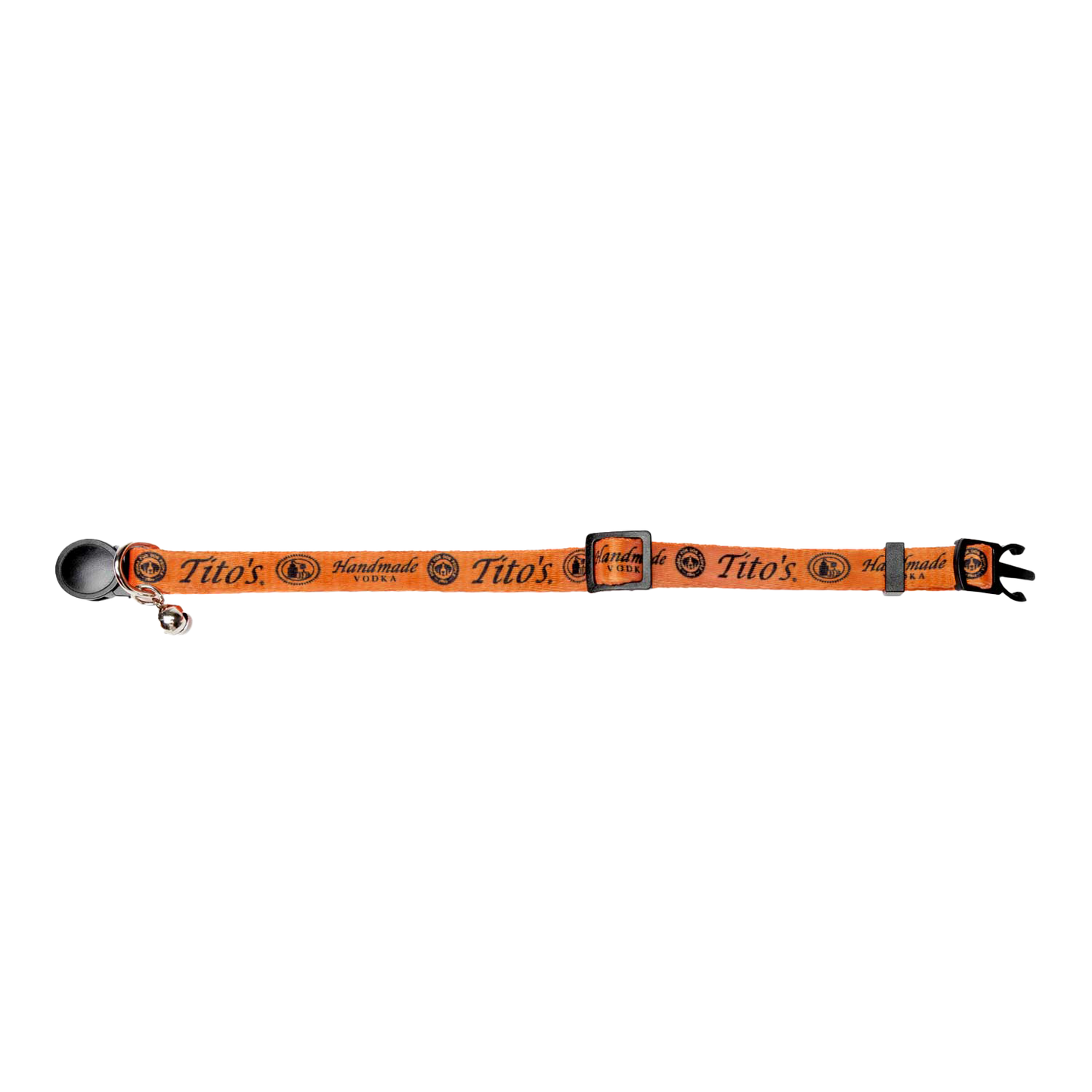 Orange cat collar with Tito's Handmade Vodka logo in black text with a bell unbuckled and laying flat