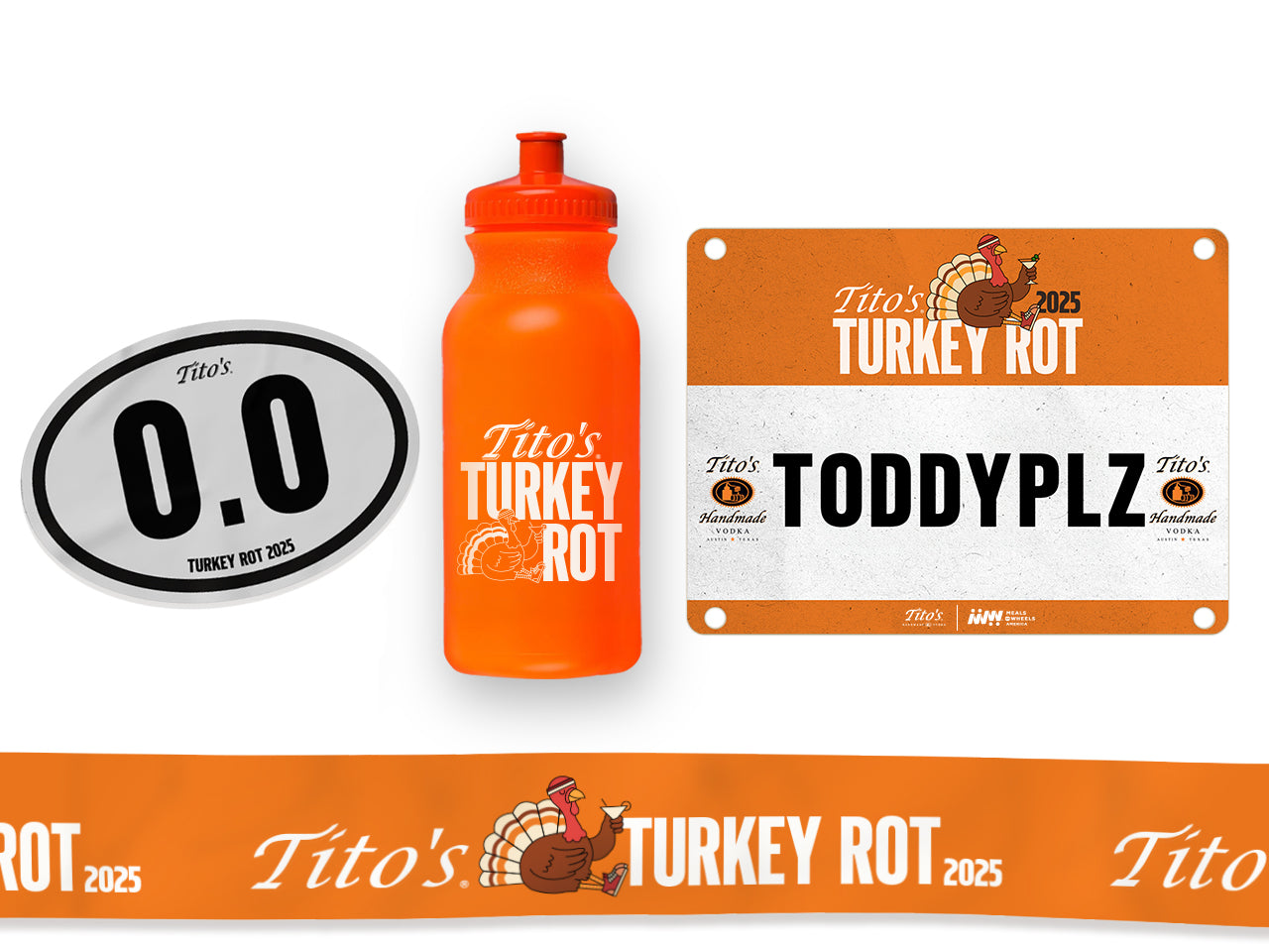 Tito's Turkey Rot bib, 0.0 Mile Marker Sticker, The Already Finished Line Banner, and "It's Not a Water Bottle" Bottles