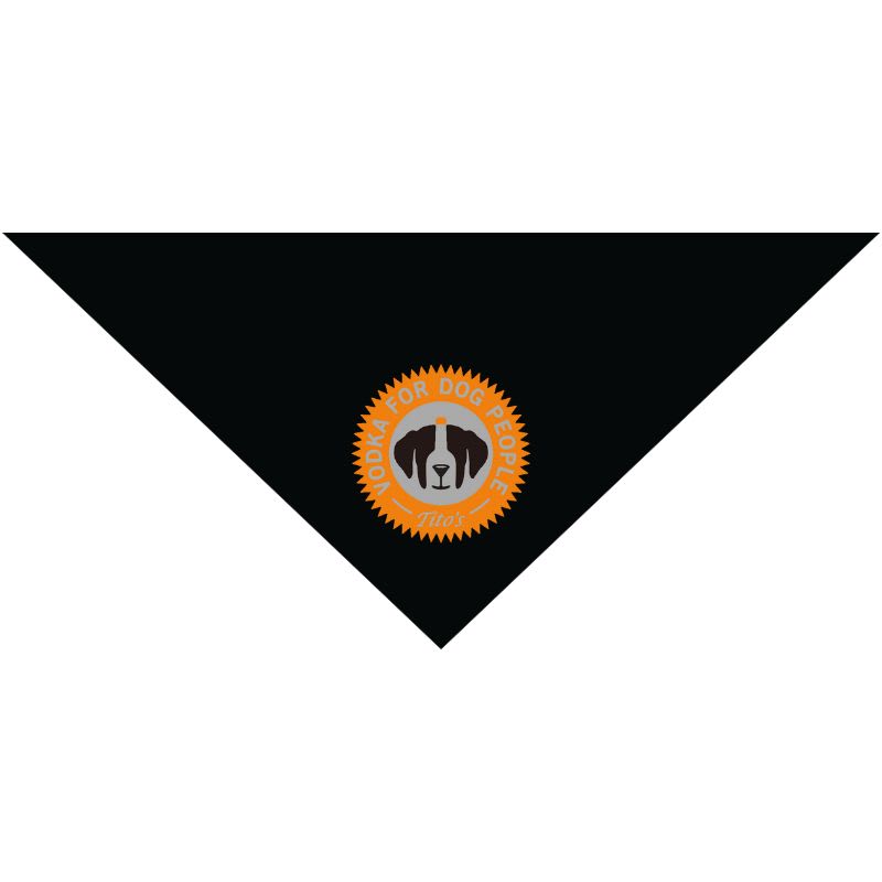 Black triangular dog bandana with a reflective Vodka for Dog People logo in the center