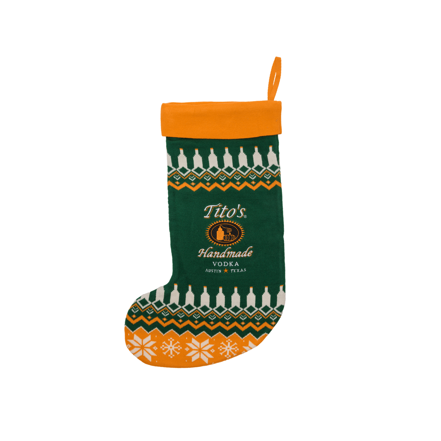 Green and orange Christmas stocking with Tito's Handmade Vodka logo and festive designs