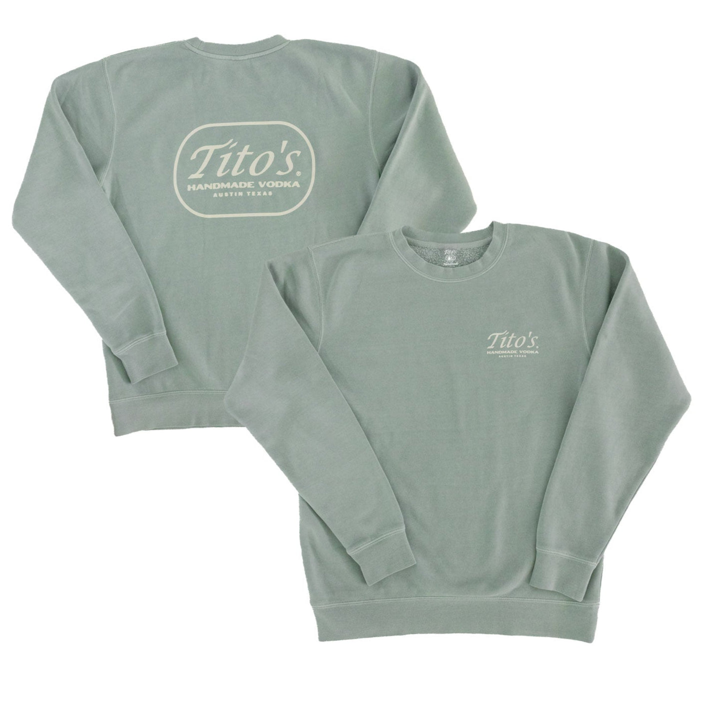 Front and back of sage green crewneck pullover with Tito's Handmade Vodka and Austin, Texas badge