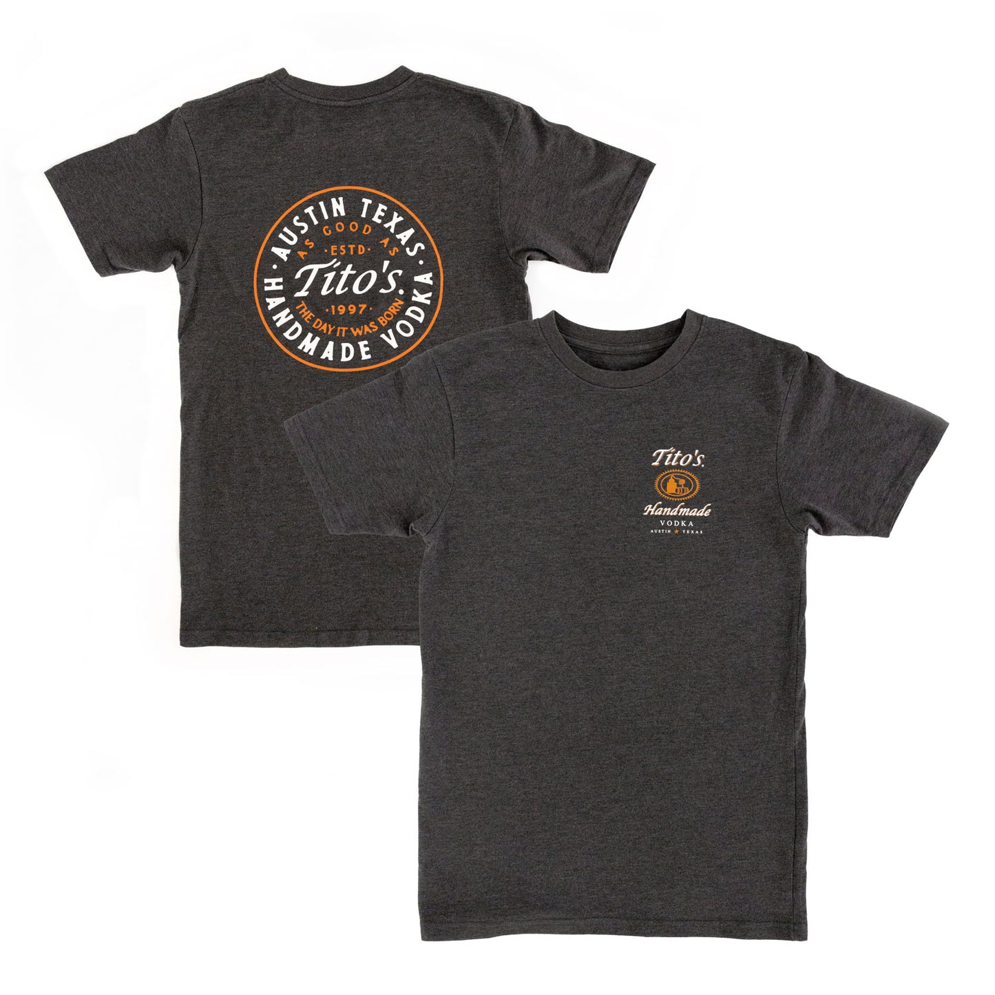 Gray t-shirt with Tito's Handmade Vodka logo on the front and Austin, Texas Tito's Handmade Vodka As good as the day it was born established in 1997 on the back