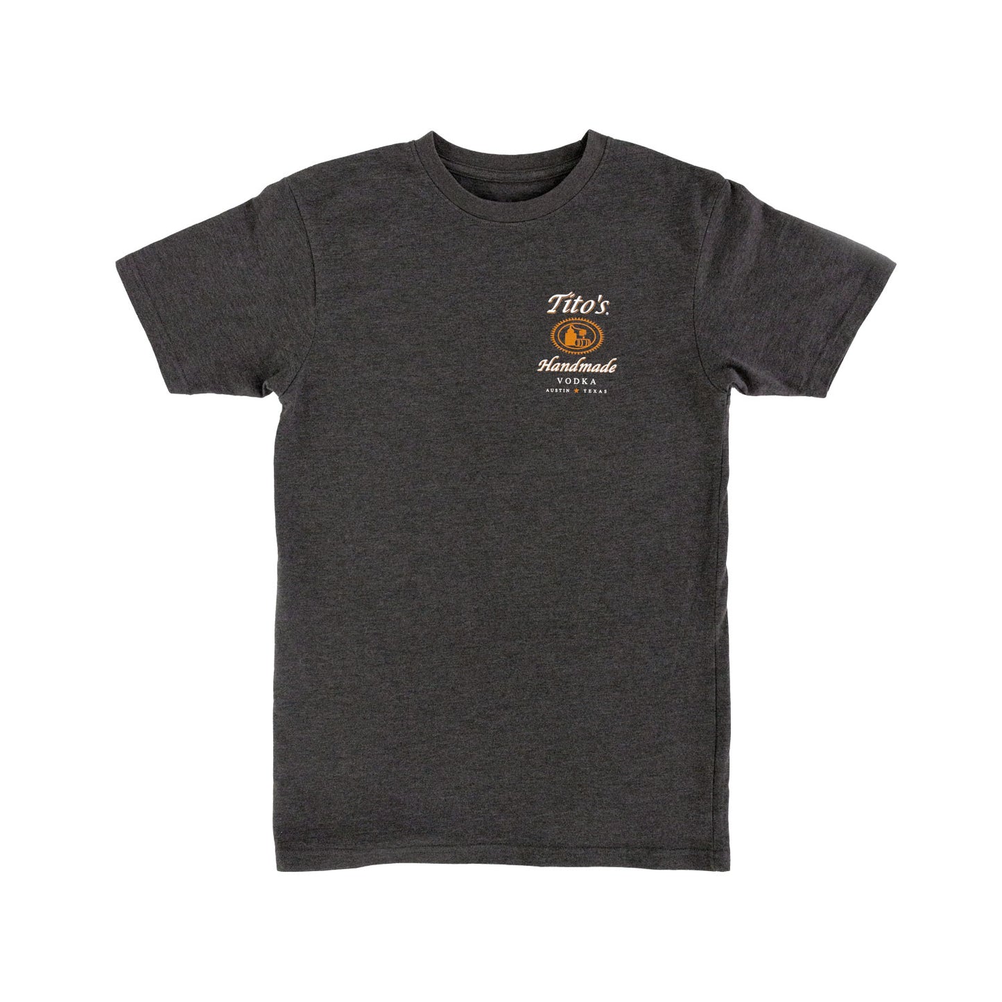 Front of gray t-shirt with Tito's Handmade Vodka logo on the left chest