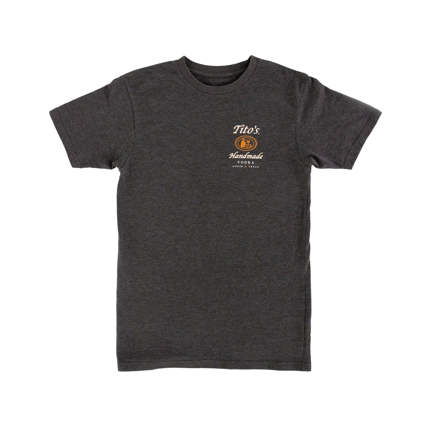 Front of gray t-shirt with Tito's Handmade Vodka logo on the left chest