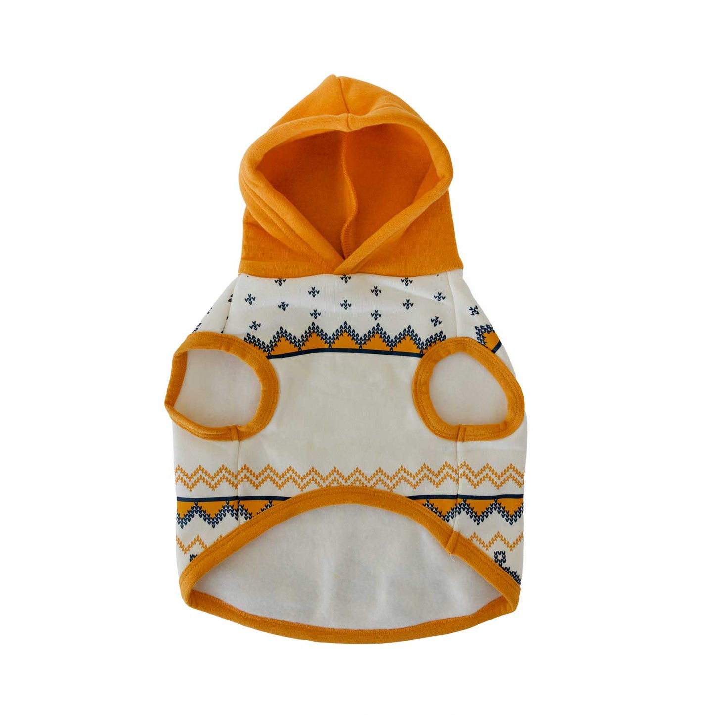 Back view of cream dog hoodie with orange hood and blue and orange holiday design