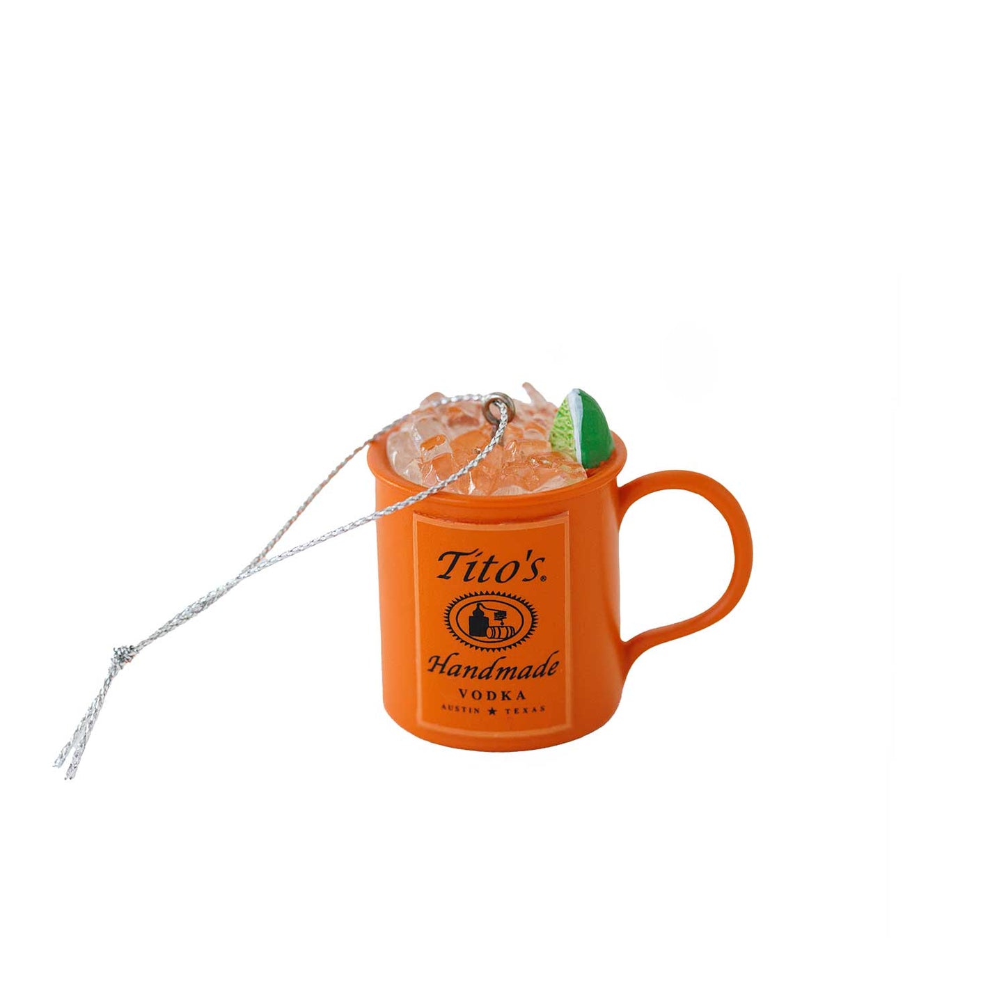 Front view of mule mug ornament with ice and lime and Tito's Handmade Vodka logo in black