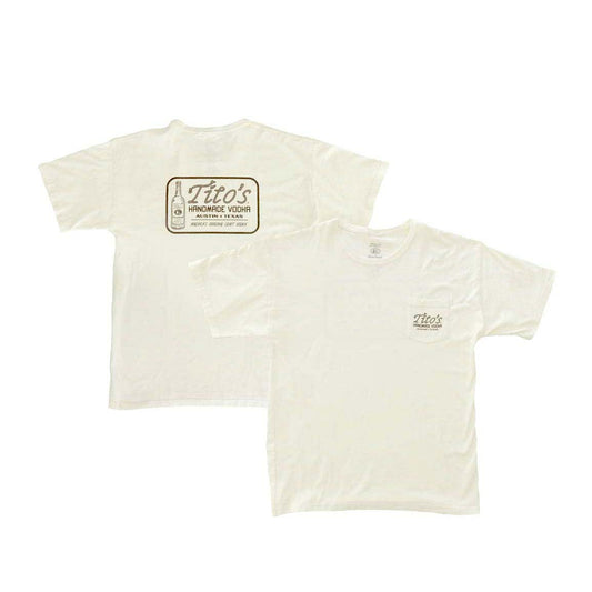 Front and back of cream short sleeve shirt with pocket on front with Tito's wordmark, back has Tito's in rope outline on top of text "Handmade Vodka Austin, Texas" next to a Tito's bottle