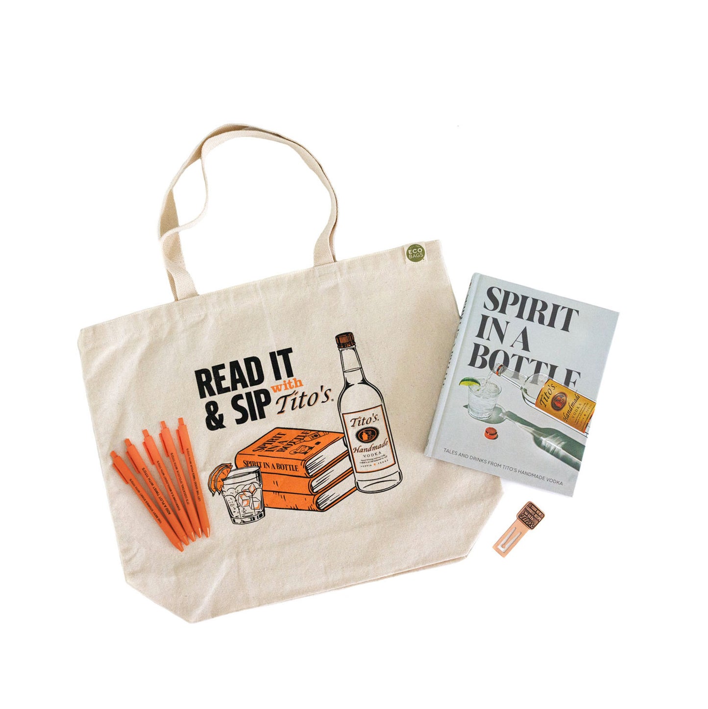 Tote bag, Spirit in a Bottle book, bookmark, and 5 orange pens