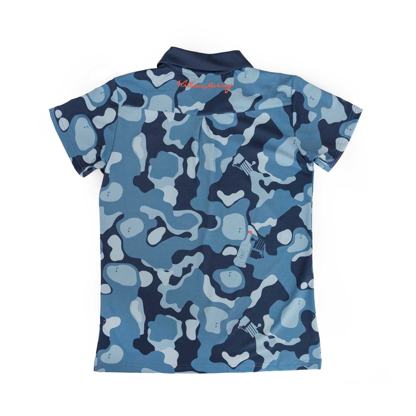 Back of navy camouflage polo with Tito's Handmade Vodka bottle and pot still designs and William Murray logo